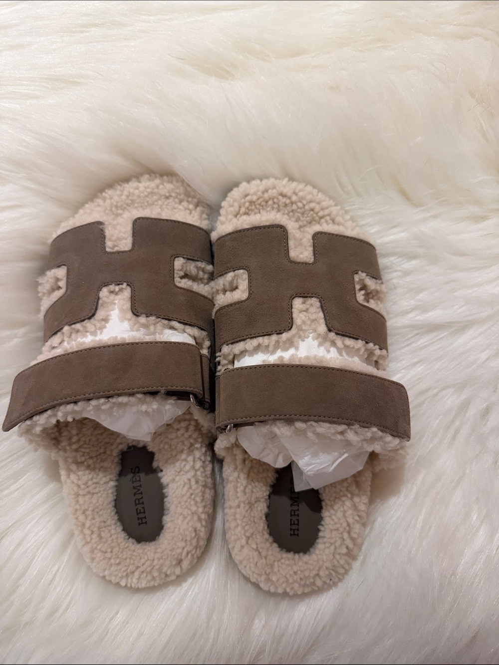 Hermes Shearling Slide Sandals in Taupe and Cream